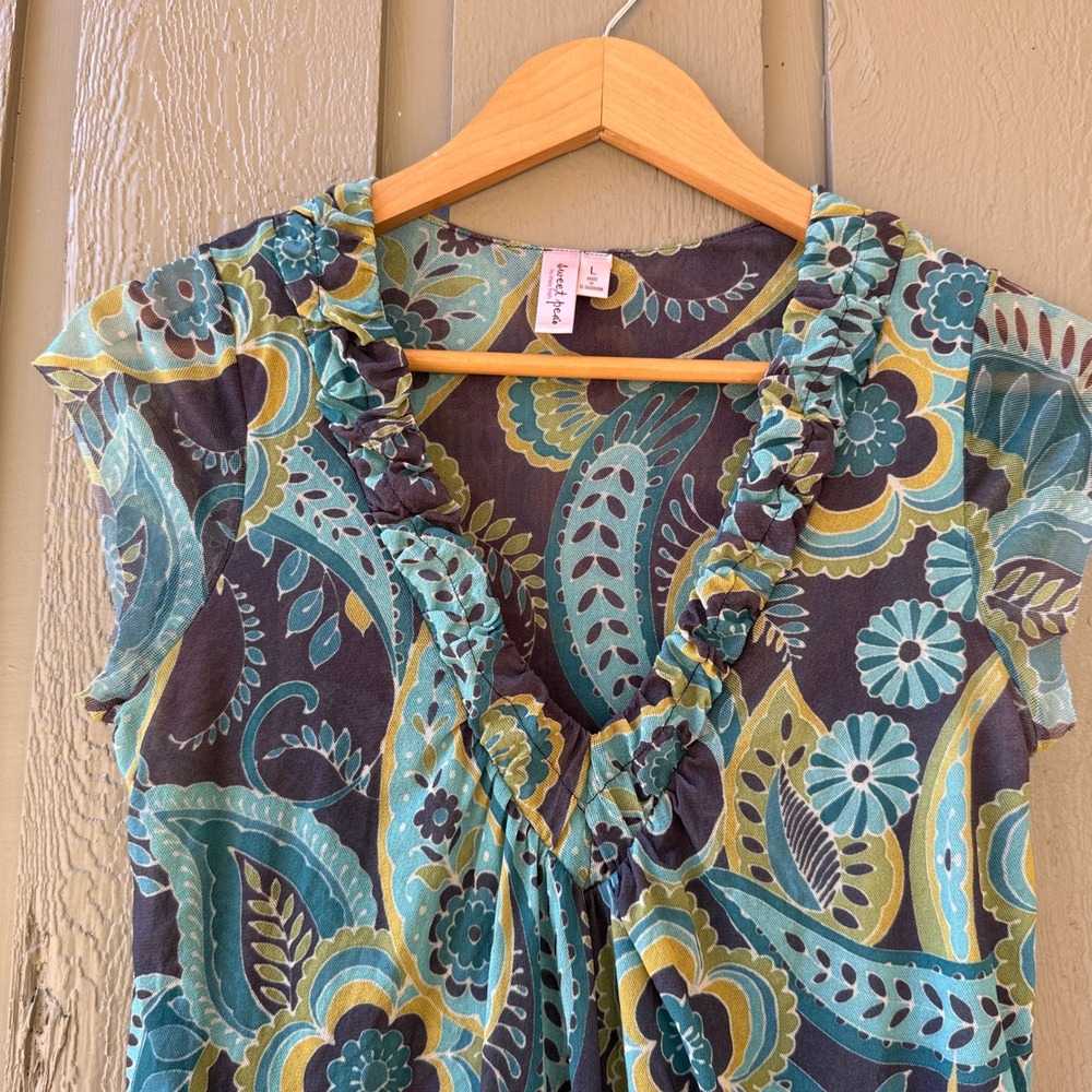 Sweet Pea Paisley Mesh Top Women Large Ruffle V-Neck Cap Sleeve Blue Green Brown - Picture 8 of 9